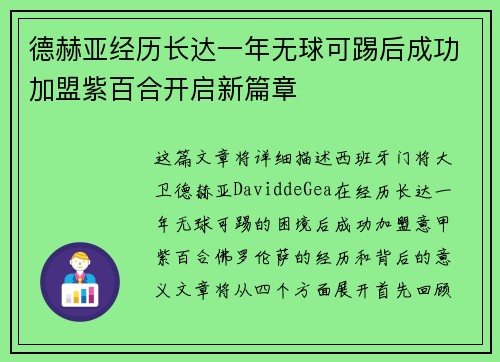 德赫亚经历长达一年无球可踢后成功加盟紫百合开启新篇章