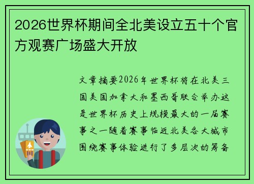 2026世界杯期间全北美设立五十个官方观赛广场盛大开放