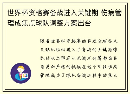 世界杯资格赛备战进入关键期 伤病管理成焦点球队调整方案出台