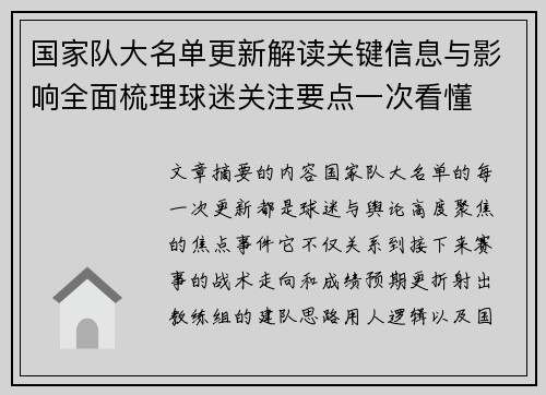 国家队大名单更新解读关键信息与影响全面梳理球迷关注要点一次看懂